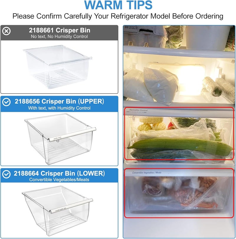 Alvar [2 Pack] Upgraded 2188656 Fridge Crisper Drawer UPPER Humidity Control Drawer & 2188664 Crisper Bin LOWER Refrigerator Drawer Replacement For Kenmore Whirlpool Fridge Drawer Parts WRS325FDAM04 Drawer - Image 5